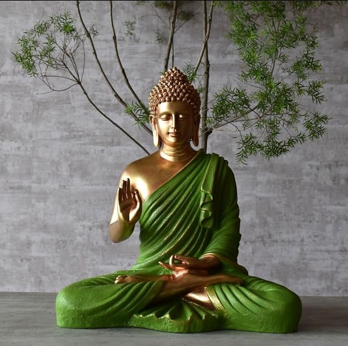 Golden and Green Meditating Buddha Statue made from premium resin, ideal for home decor, garden spaces, and meditation rooms. Weather-resistant and fade-resistant Buddha statue for spiritual gifts and mindful spaces.