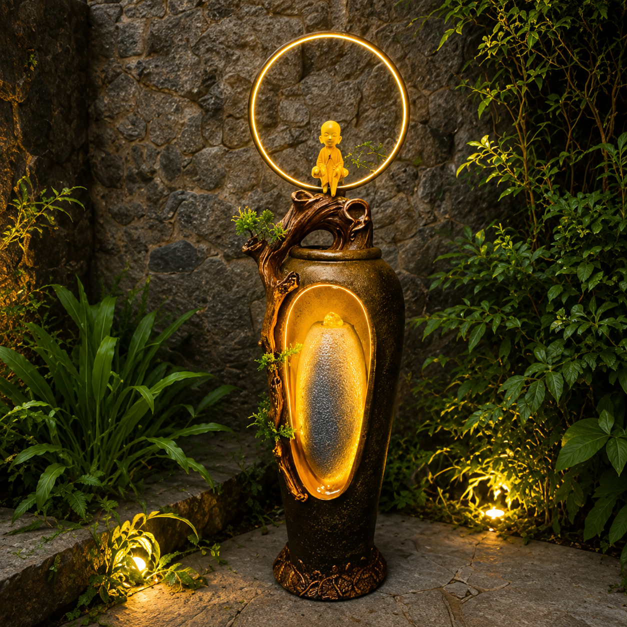 Buddha Monk Water Fountain with LED Ring | Outdoor Garden Decor