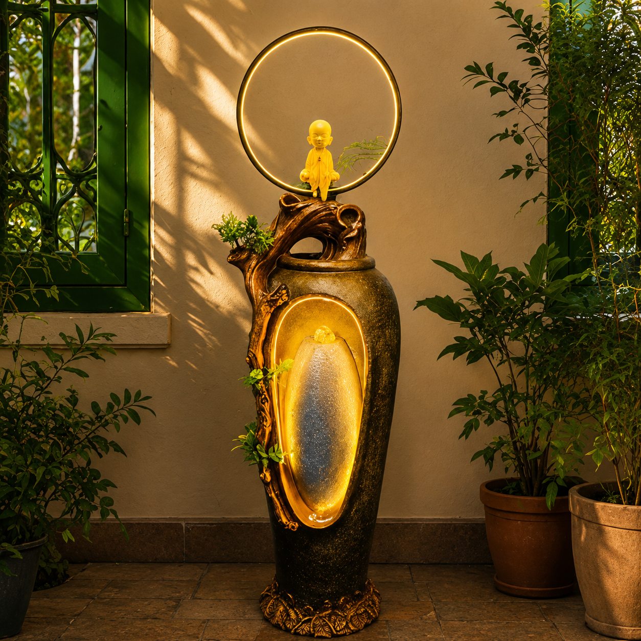 Buddha Monk Water Fountain with LED Ring | Outdoor Garden Decor
