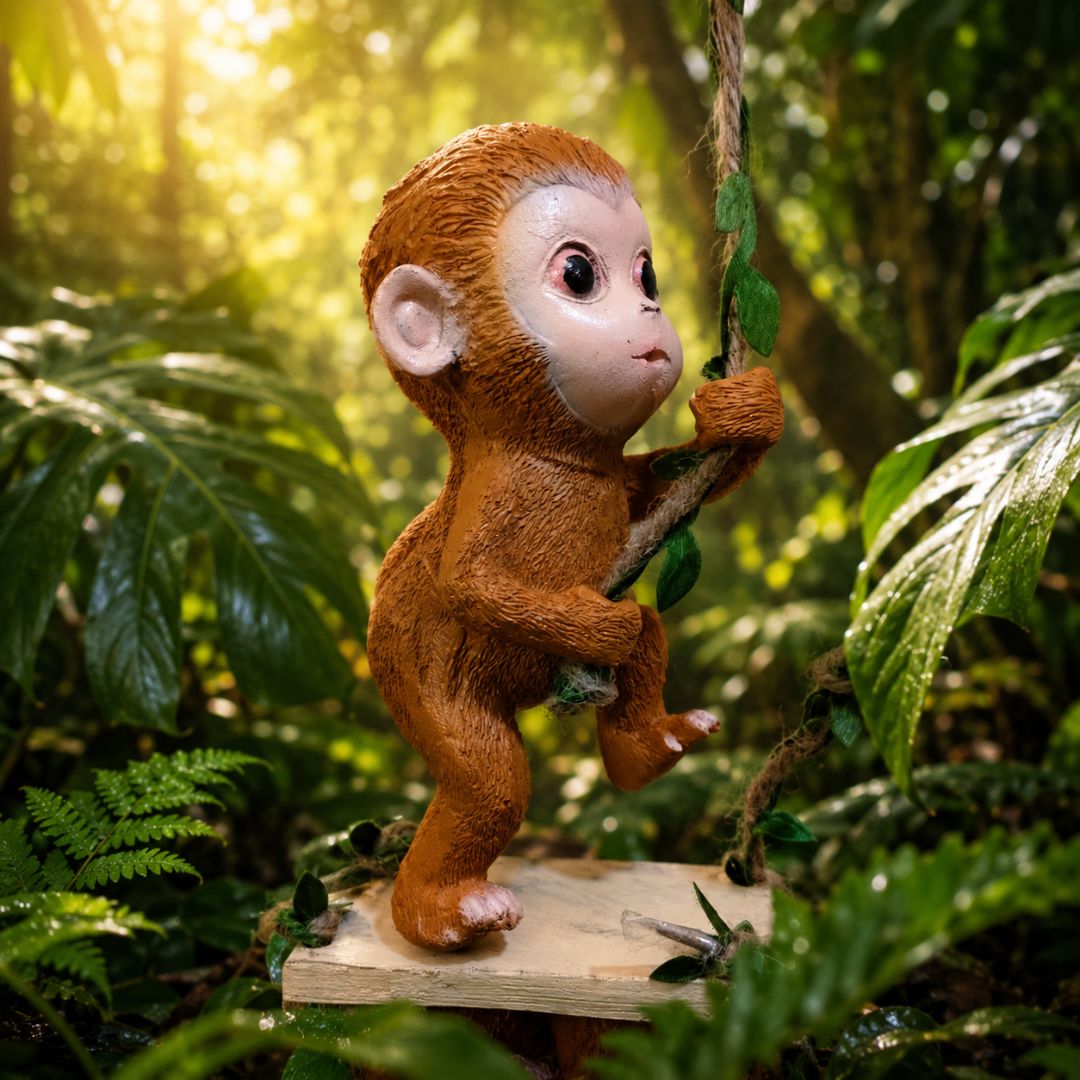 Toy monkey figurine in a jungle setting with green foliage