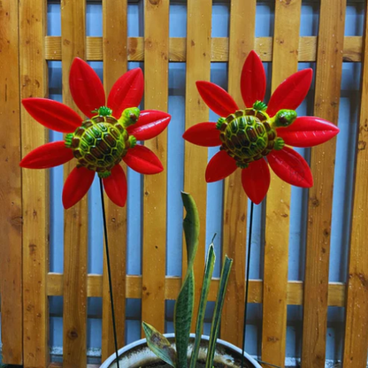 Red Flower Turtle Garden Stake | Set of 2 Plant Pot Stakes