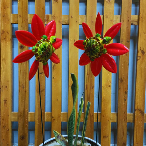 Red Flower Turtle Garden Stake | Set of 2 Plant Pot Stakes