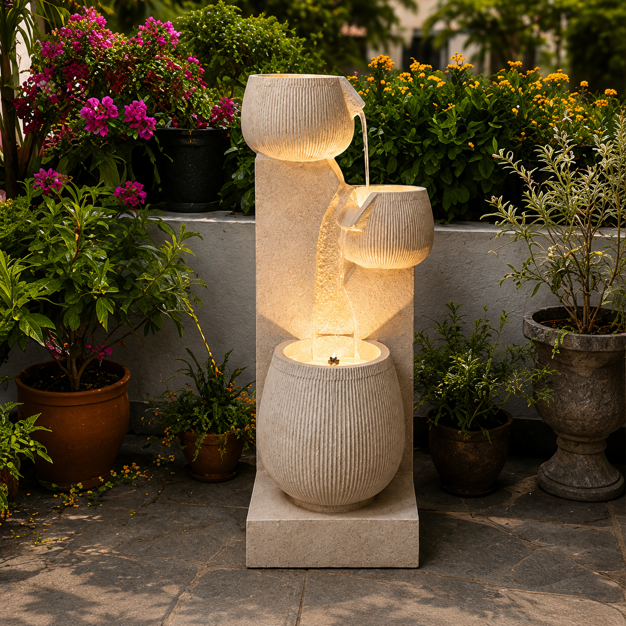3-Tier Cascading Bowl Water Fountain with LED | Garden & Home Decor