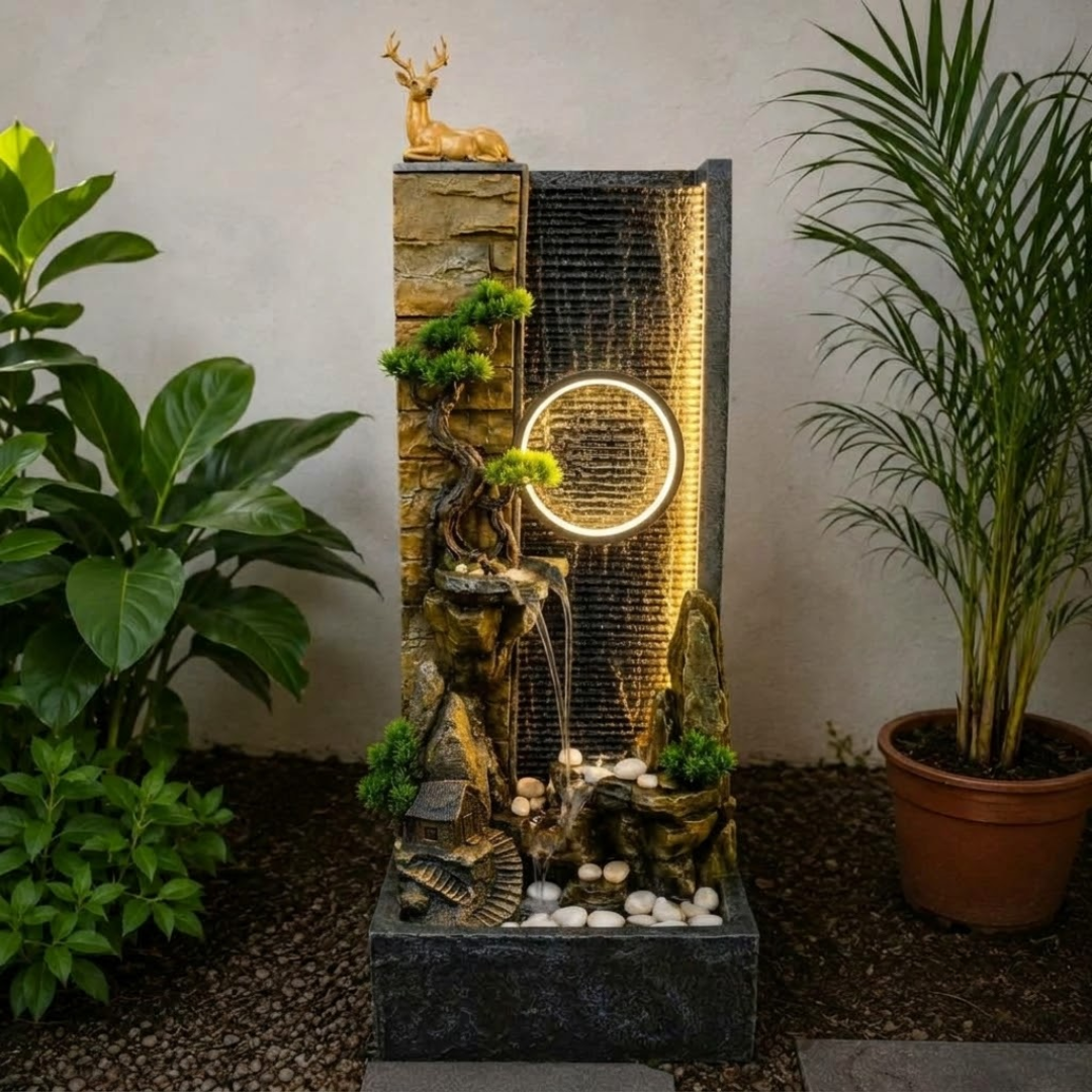 Deer Water Fountain with LED Ring Light - Cascading Outdoor Indoor Fountain