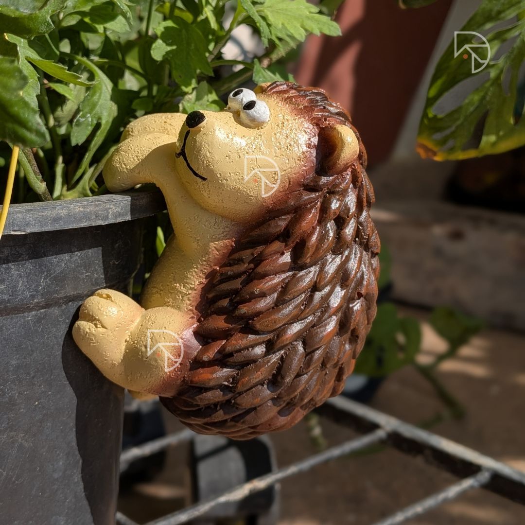 Close-up of hedgehog pot hanger face — white and black eyes, rounded ears, sandy yellow muzzle