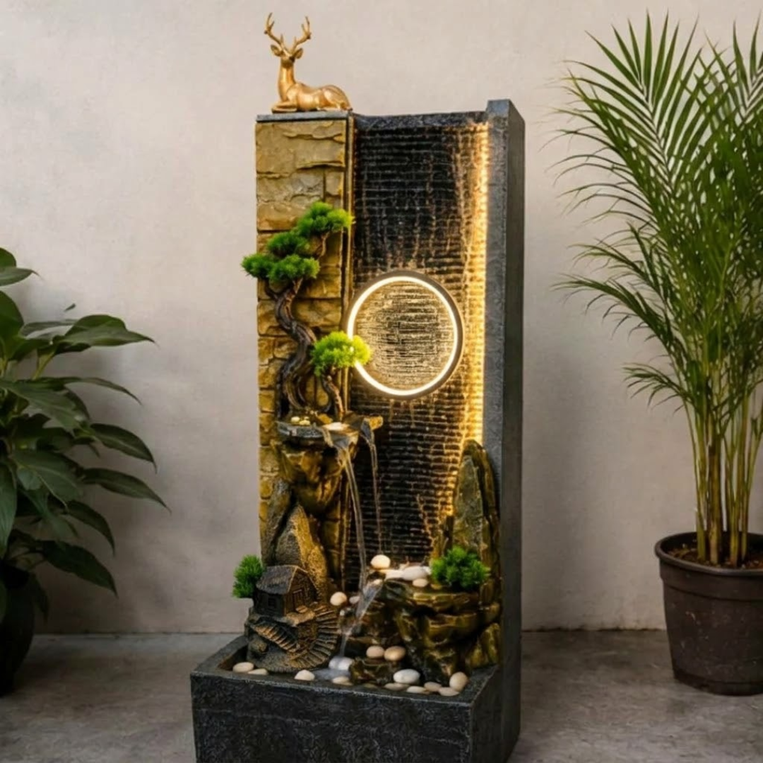 Deer Water Fountain with LED Ring Light - Cascading Outdoor Indoor Fountain