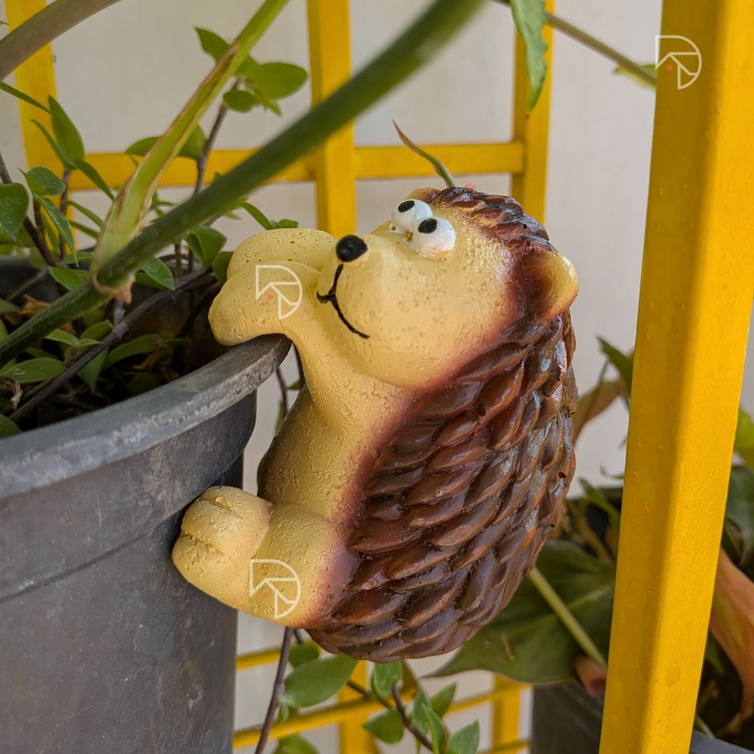 Orange-brown hedgehog pot hanger on dark plastic planter — climbing hedgehog garden ornament with green foliage