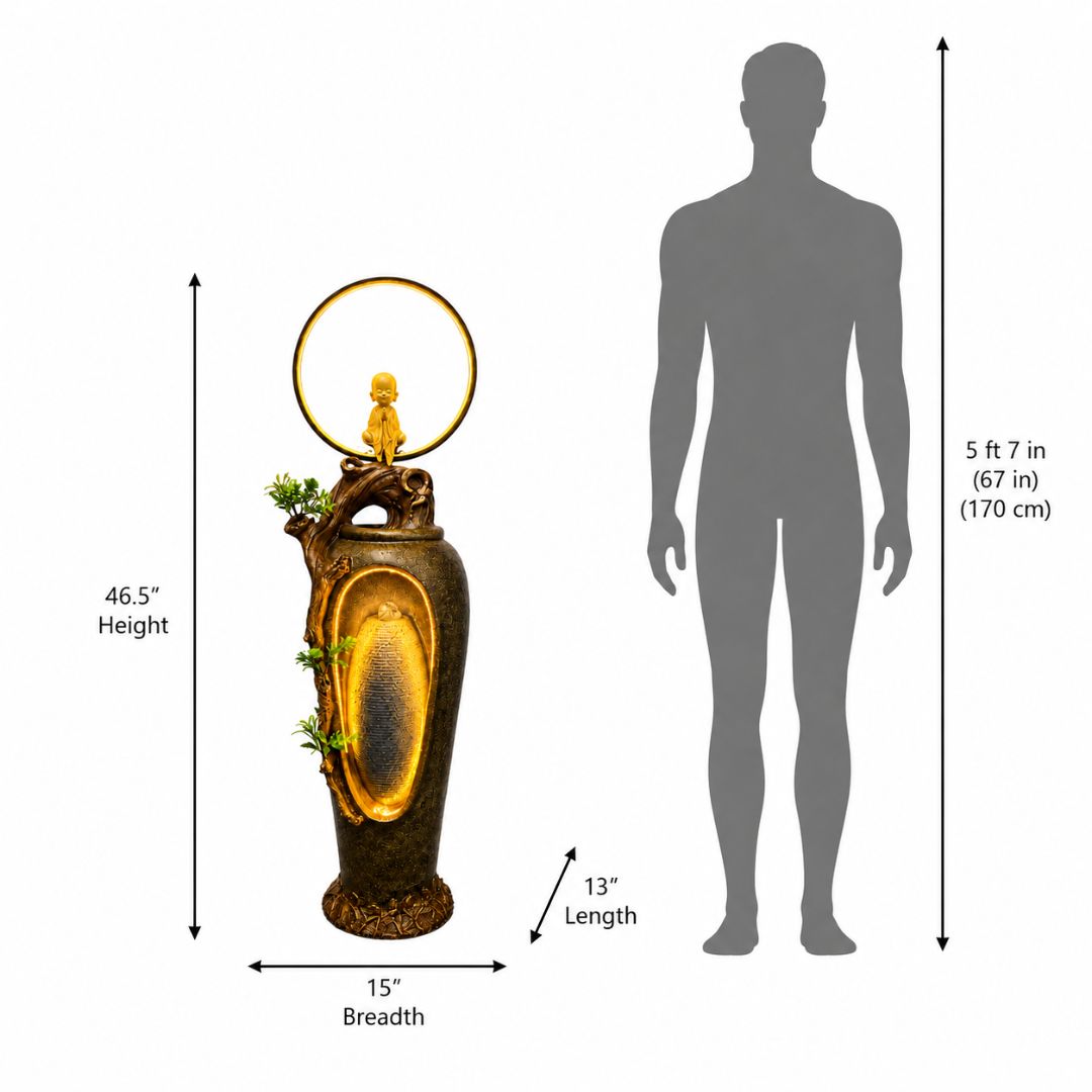Buddha Monk Water Fountain with LED Ring | Outdoor Garden Decor