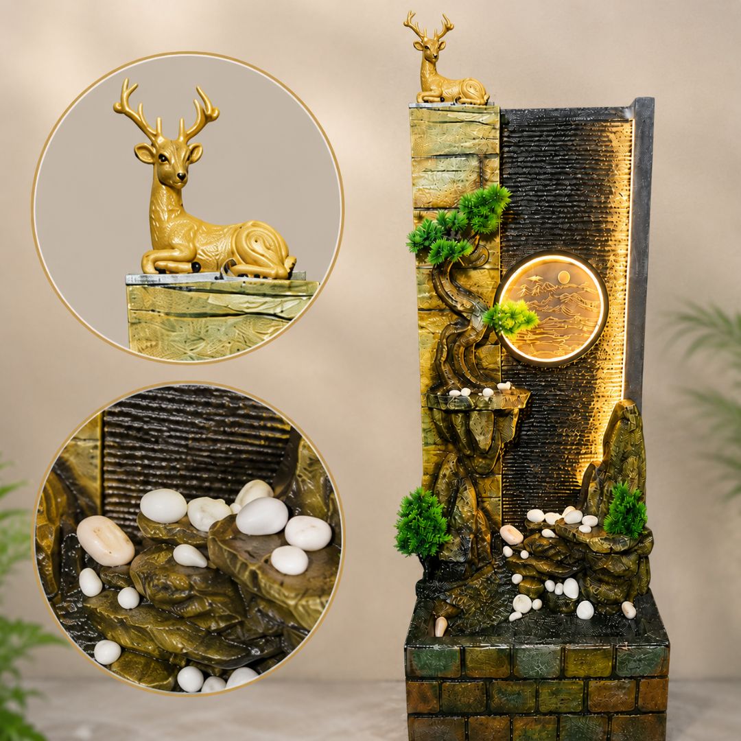 Golden Deer Waterfall Fountain with LED Moon Disc | Home Decor