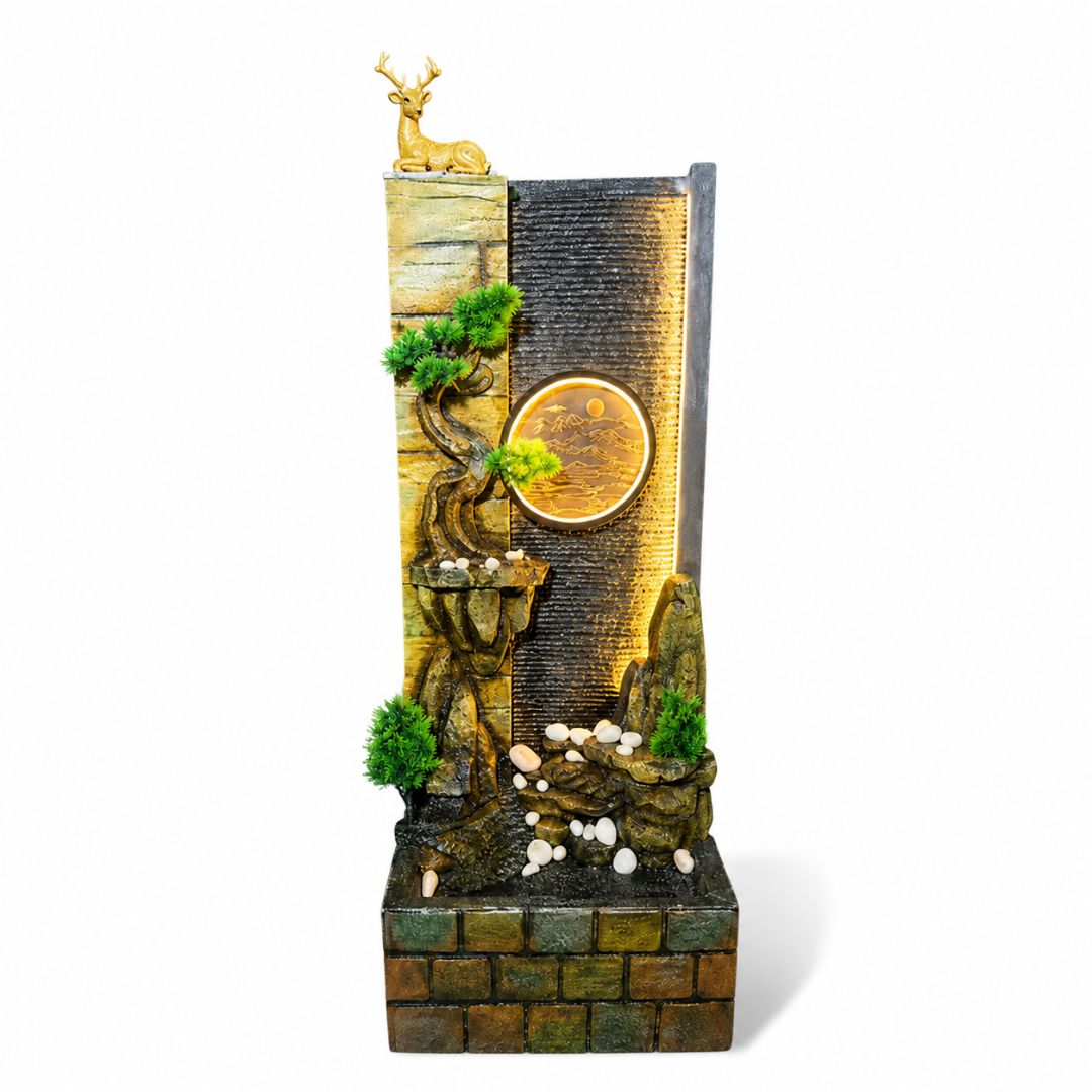 Golden Deer Waterfall Fountain with LED Moon Disc | Home Decor