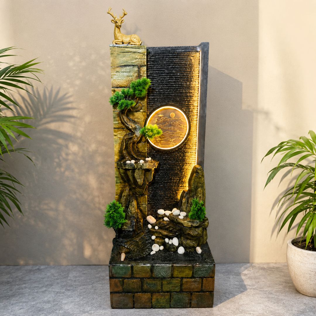 Golden Deer Waterfall Fountain with LED Moon Disc | Home Decor