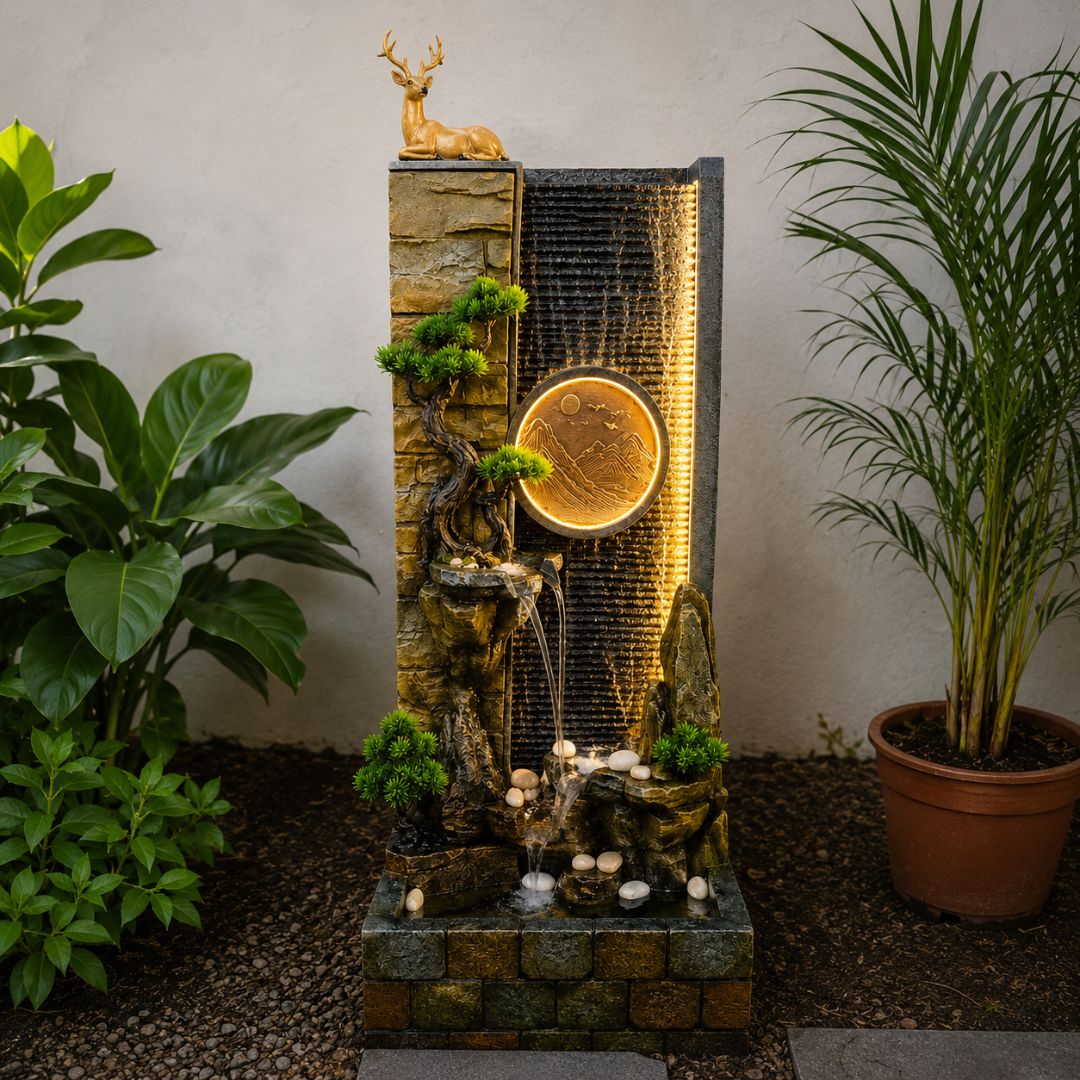 Golden Deer Waterfall Fountain with LED Moon Disc | Home Decor