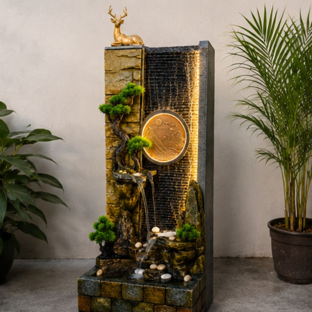 Golden Deer Waterfall Fountain with LED Moon Disc | Home Decor