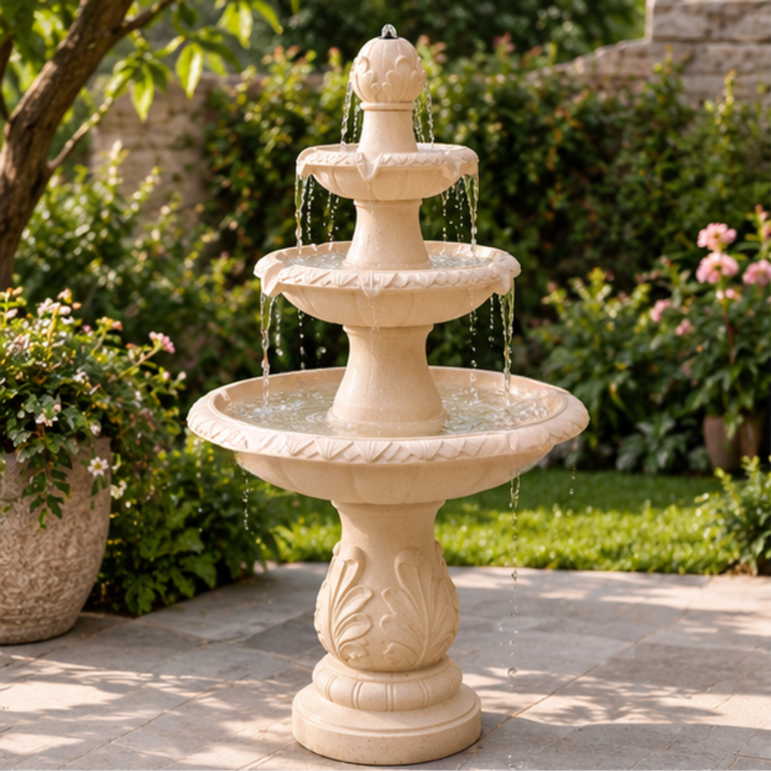 3-Tier Round Water Fountain - Classic Beige Outdoor Cascading Fountain