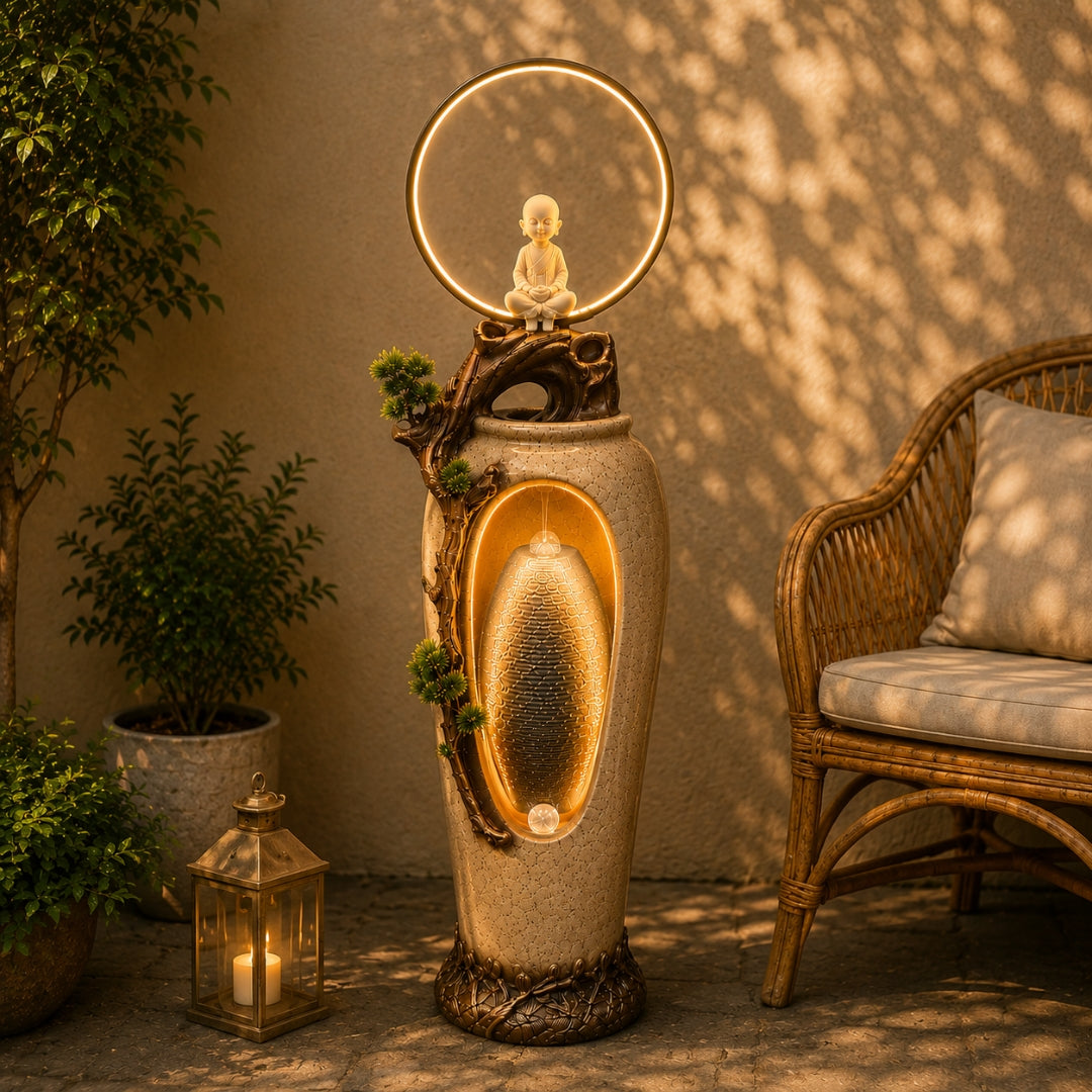 Buddha Monk Water Fountain with LED Ring | Outdoor Garden Decor