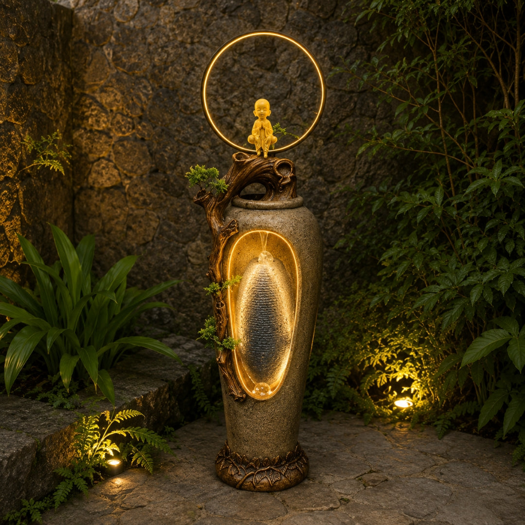 Buddha Monk Water Fountain with LED Ring | Outdoor Garden Decor