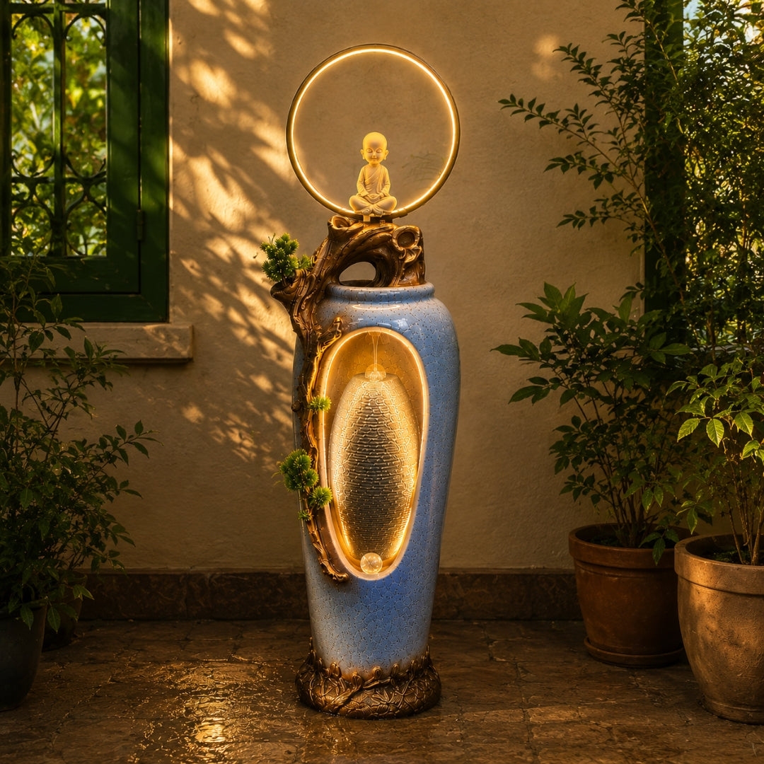 Buddha Monk Water Fountain with LED Ring | Outdoor Garden Decor