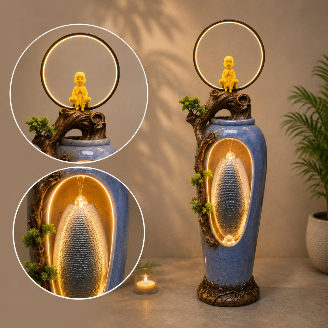 Buddha Monk Water Fountain with LED Ring | Outdoor Garden Decor