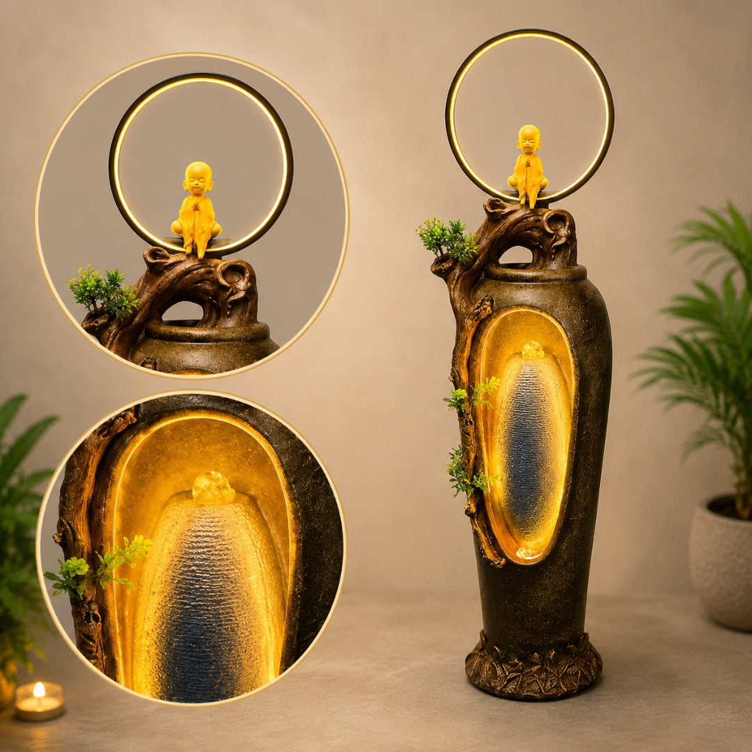 Buddha Monk Water Fountain with LED Ring | Outdoor Garden Decor