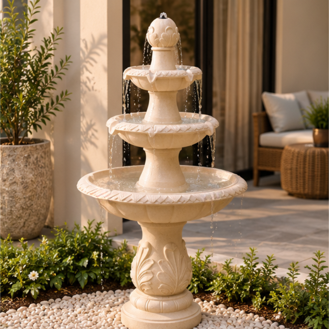 3-Tier Round Water Fountain - Classic Beige Outdoor Cascading Fountain