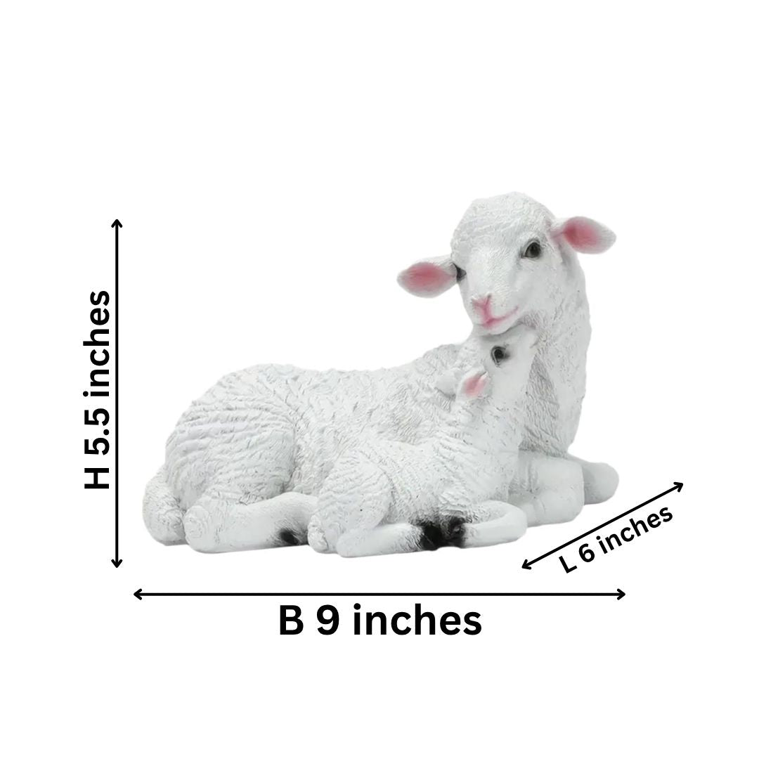 Measurement chart of a white sheep figurine with dimensions labeled on a white background