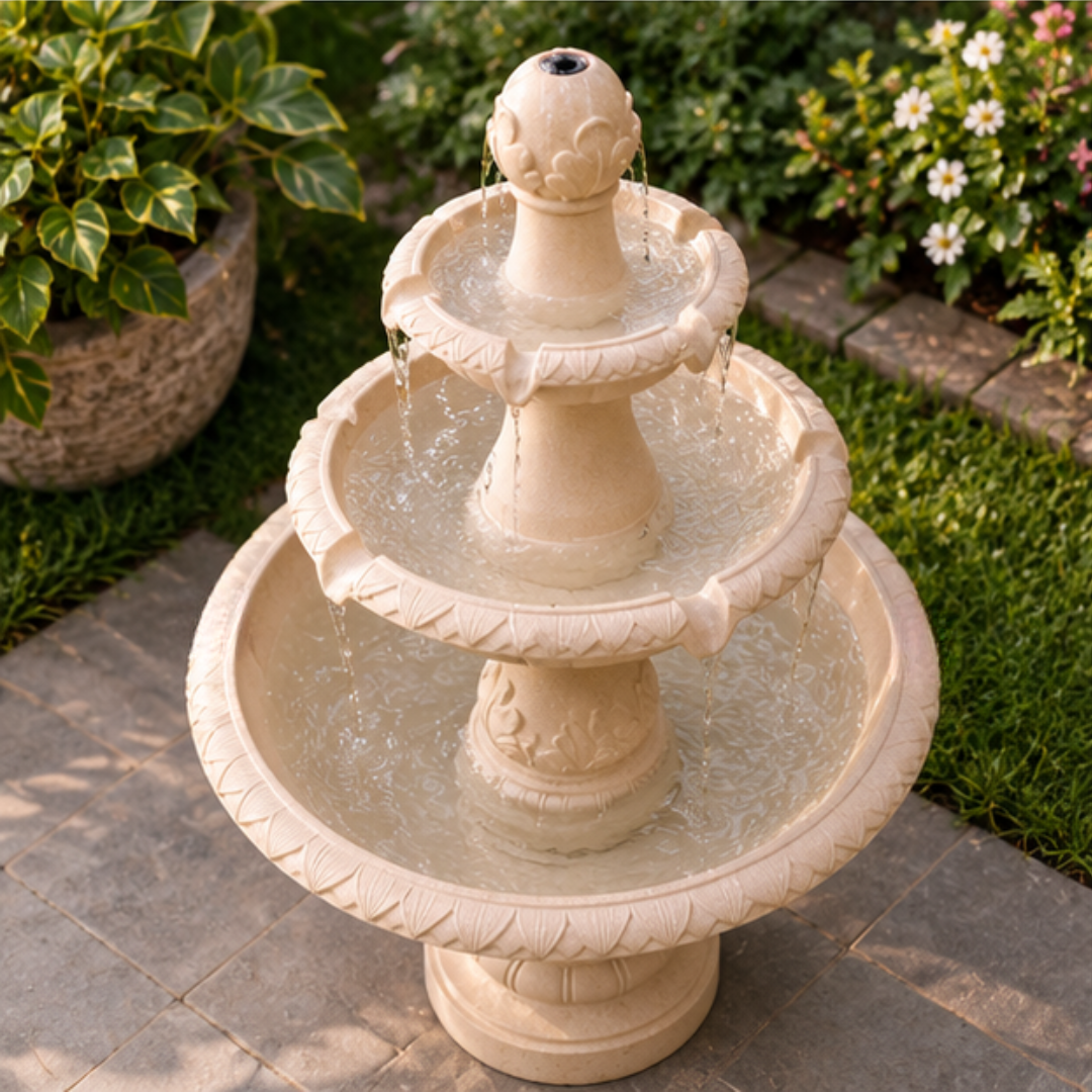 3-Tier Round Water Fountain - Classic Beige Outdoor Cascading Fountain