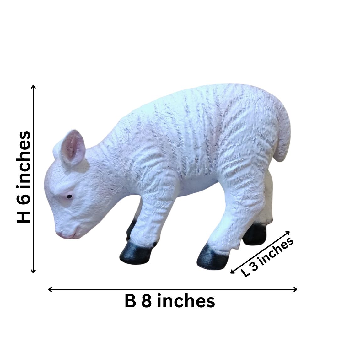 White lamb figurine with dimensions labeled on a white background