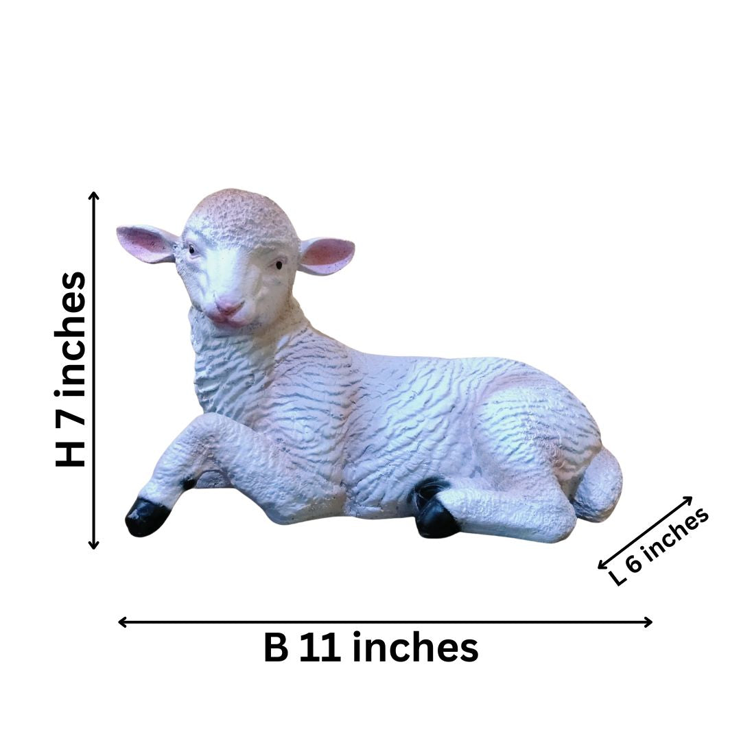 Measurement chart of a lying sheep figurine with dimensions labeled.