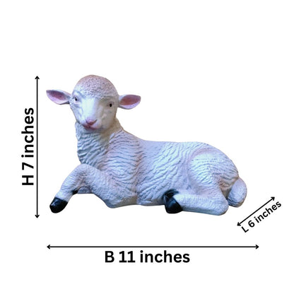 Measurement chart of a lying sheep figurine with dimensions labeled.