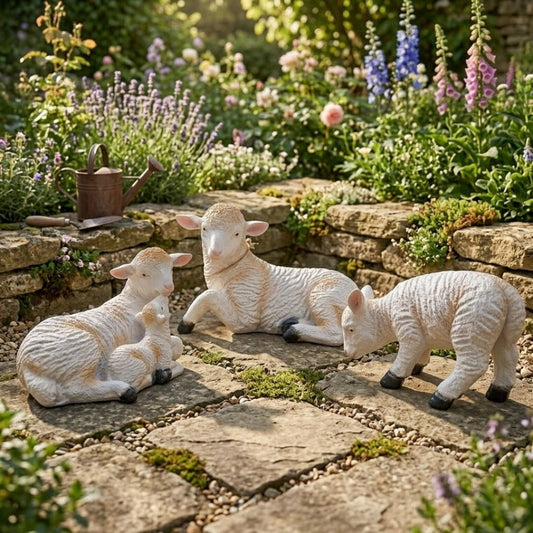 Three decorative sheep figurines on a stone patio with a garden background