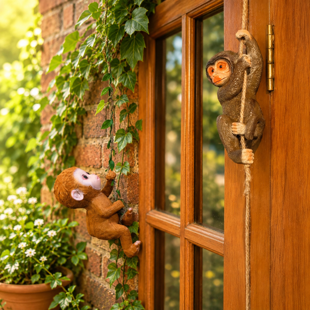 Monkey Climbing Wall & Door Combo - Resin Hanging Monkey Figurines (Set of 2)
