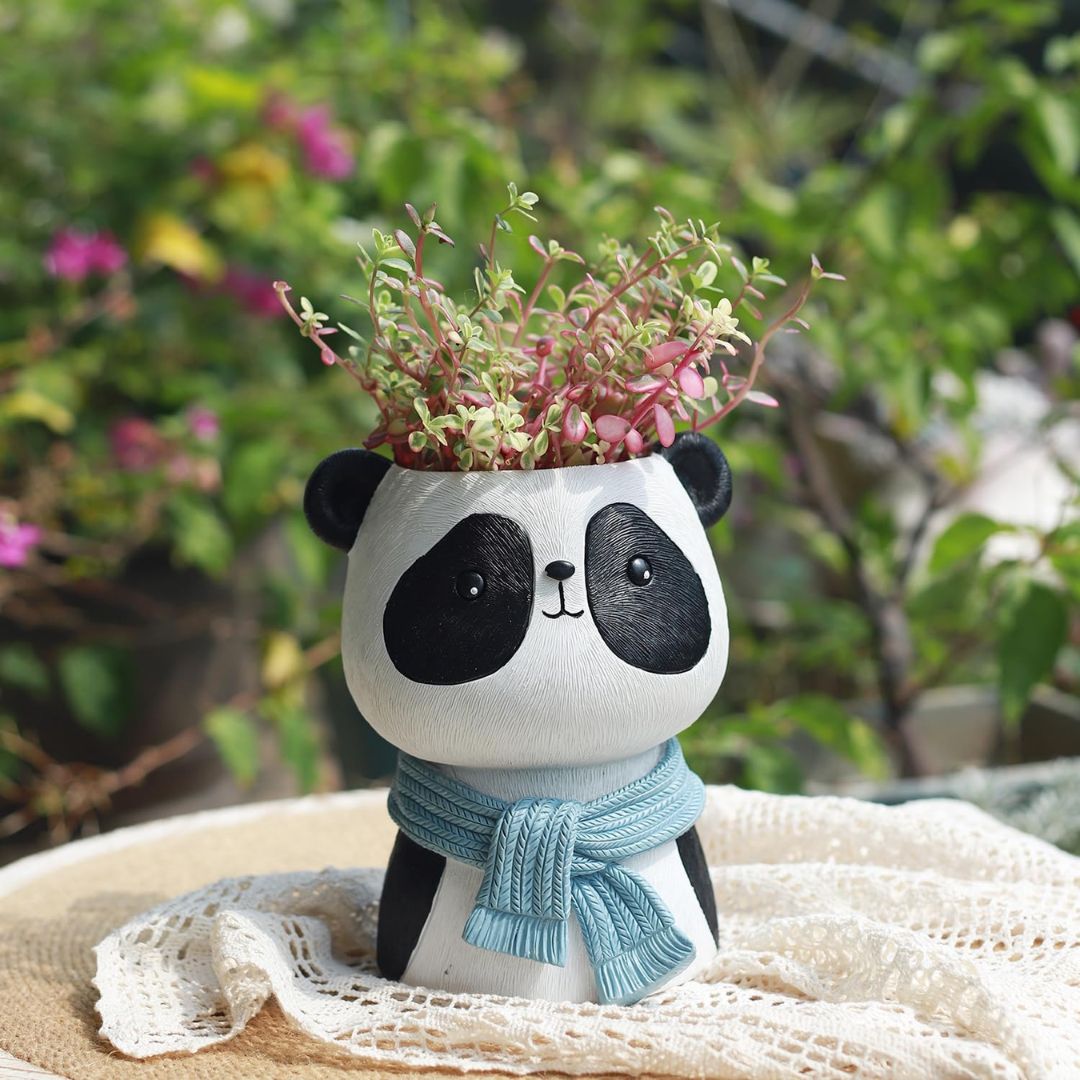 Joyful Panda Bust Planter – Smiling Panda with Gray-Blue Scarf