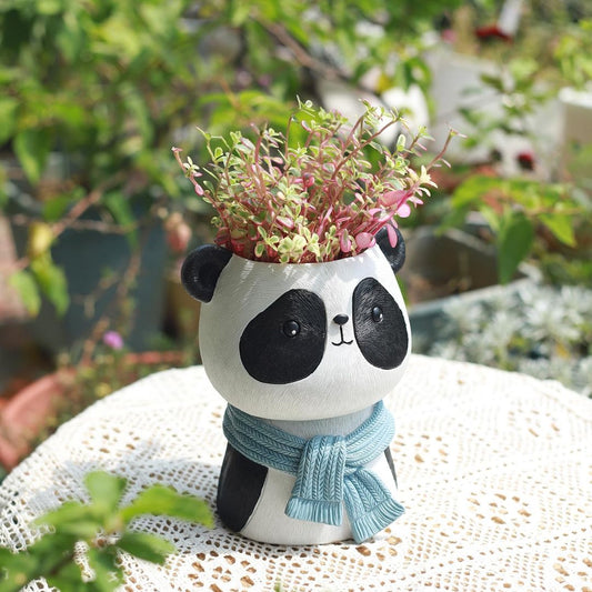 Joyful Panda Bust Planter – Smiling Panda with Gray-Blue Scarf