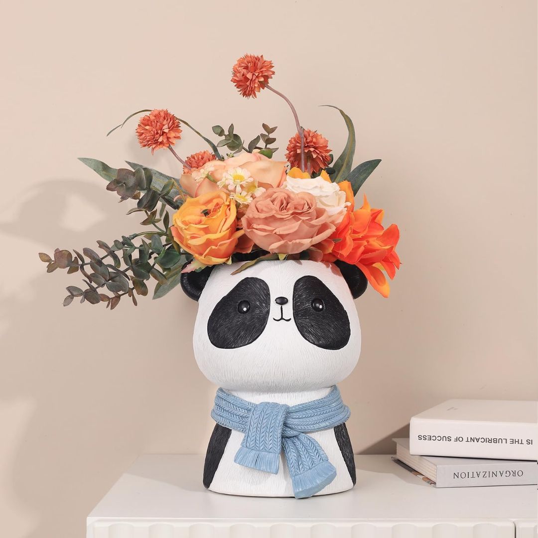Joyful Panda Bust Planter – Smiling Panda with Gray-Blue Scarf
