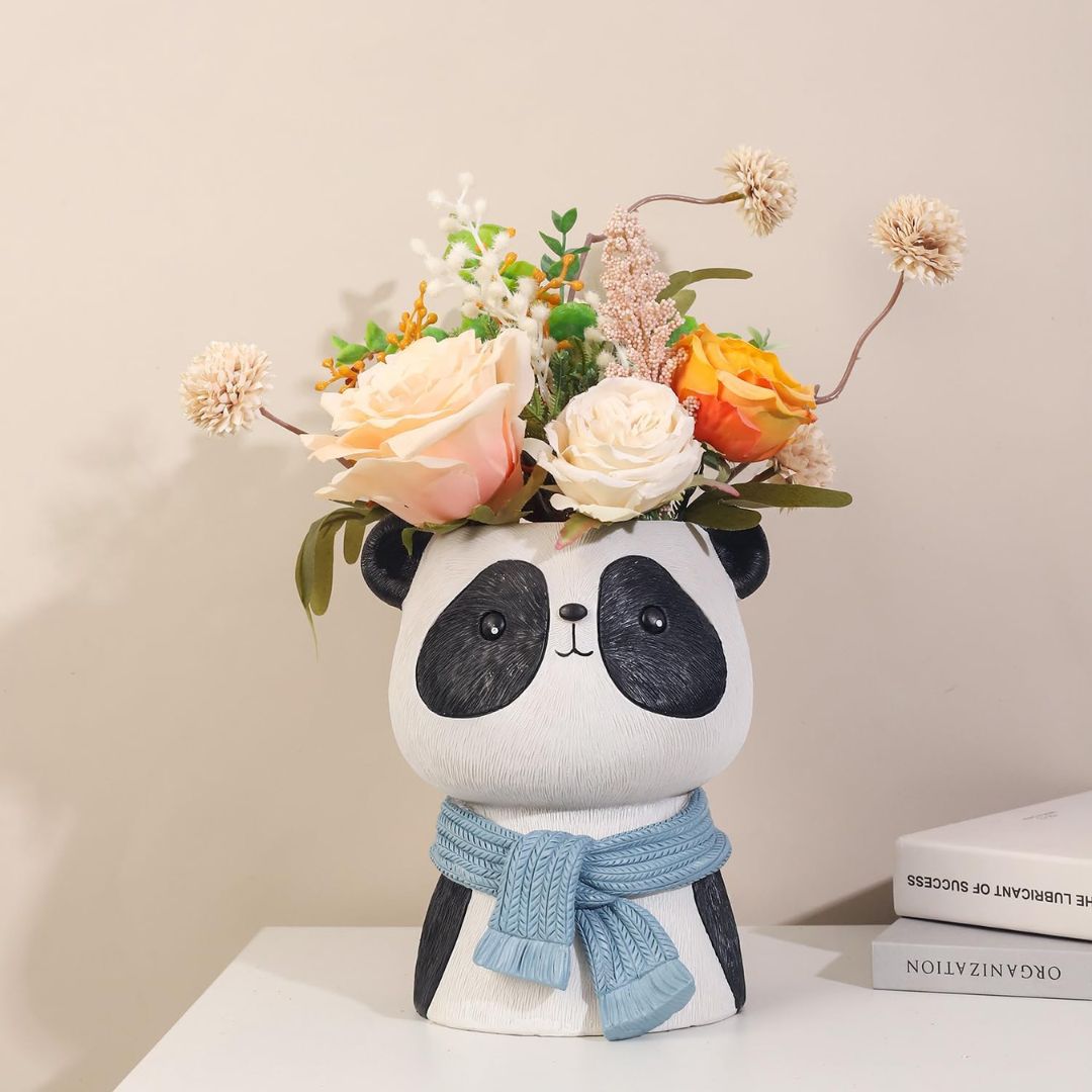Joyful Panda Bust Planter – Smiling Panda with Gray-Blue Scarf