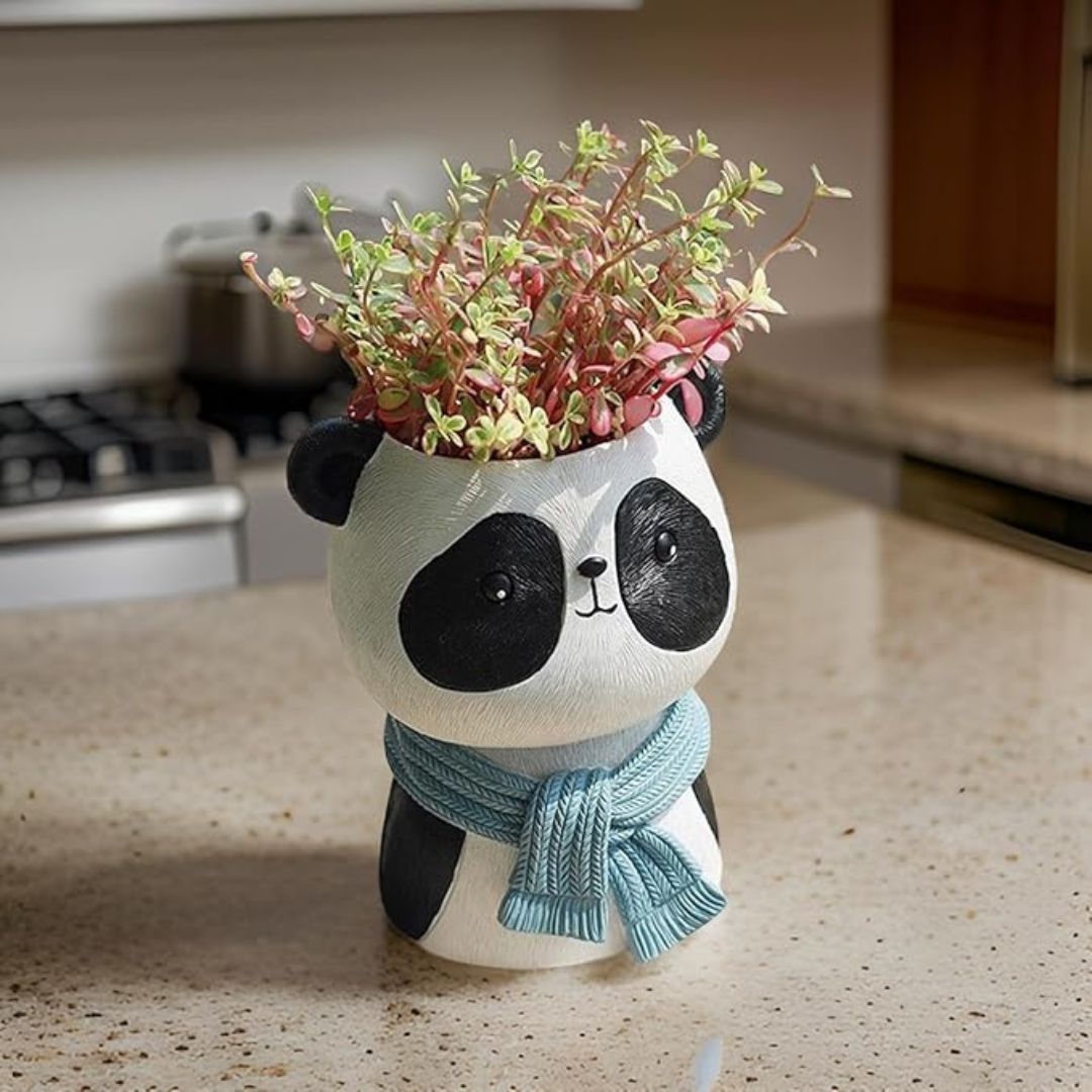Joyful Panda Bust Planter – Smiling Panda with Gray-Blue Scarf