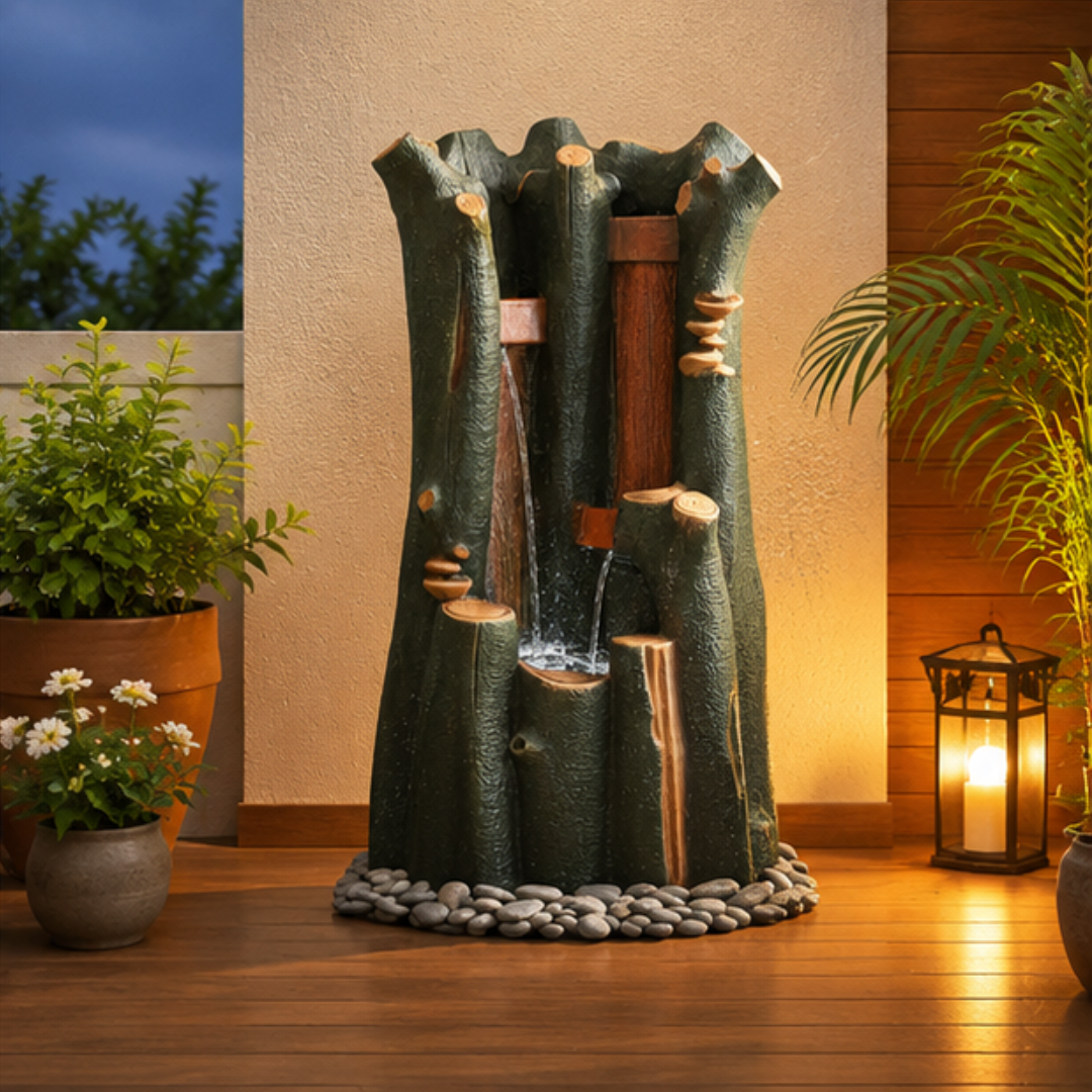 Bamboo Water Fountain with LED - Cascading Outdoor Bamboo Fountain