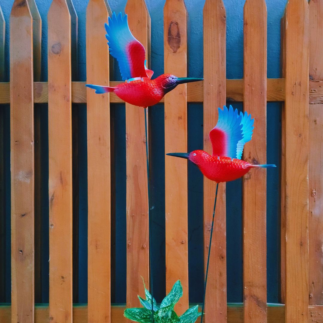 Red Hummingbird Garden Stake Decor | Bird Plant Pot Stakes (Set of 2)