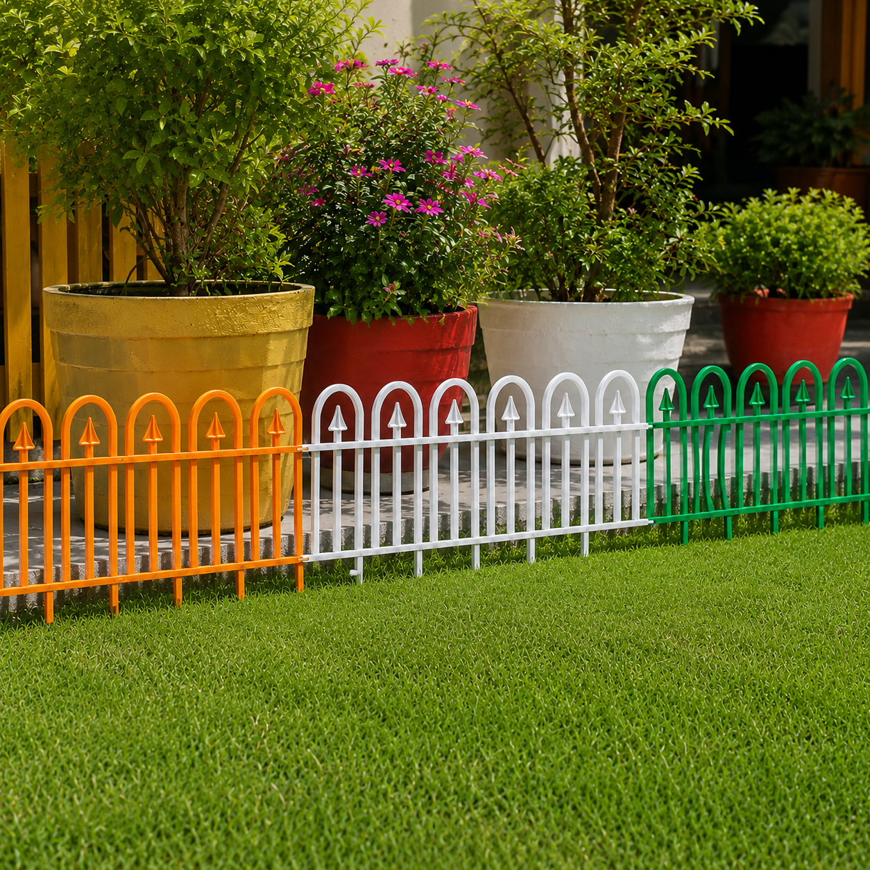 A set of four decorative metal garden fences in orange, white, and green, arranged in a row on a green lawn in front of potted plants.