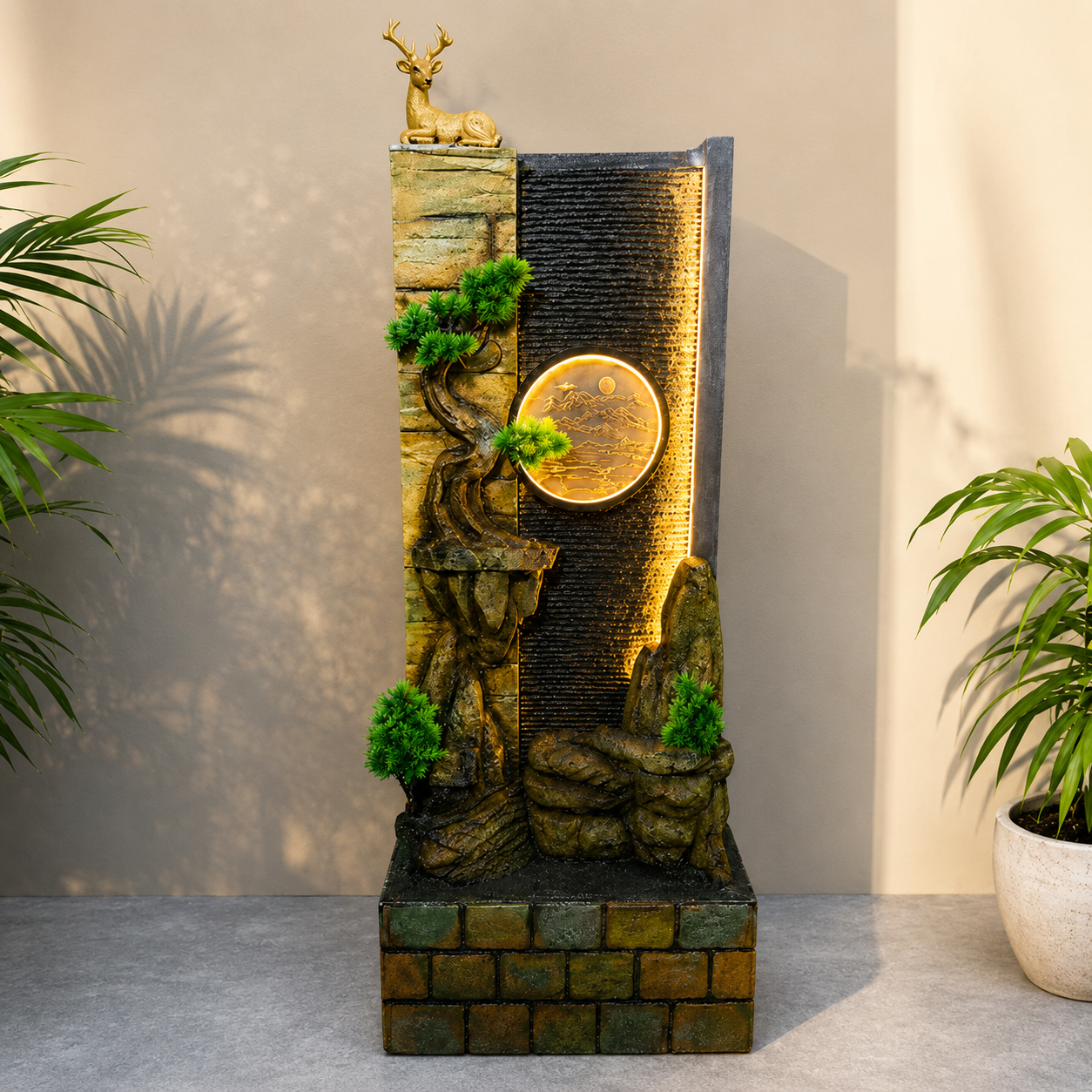 Golden Deer Waterfall Fountain with LED Moon Disc | Home Decor