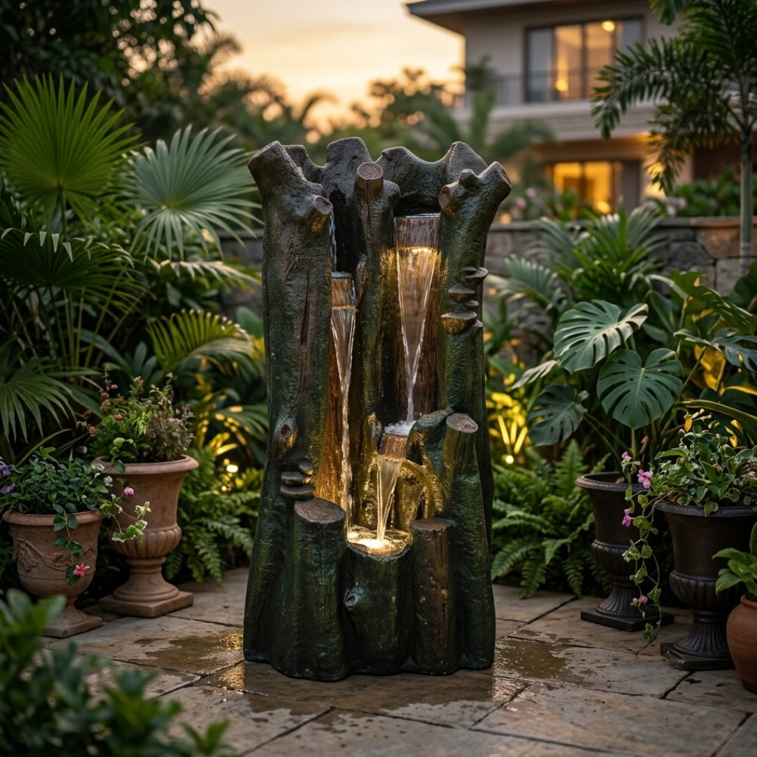 Bamboo Water Fountain with LED - Cascading Outdoor Bamboo Fountain