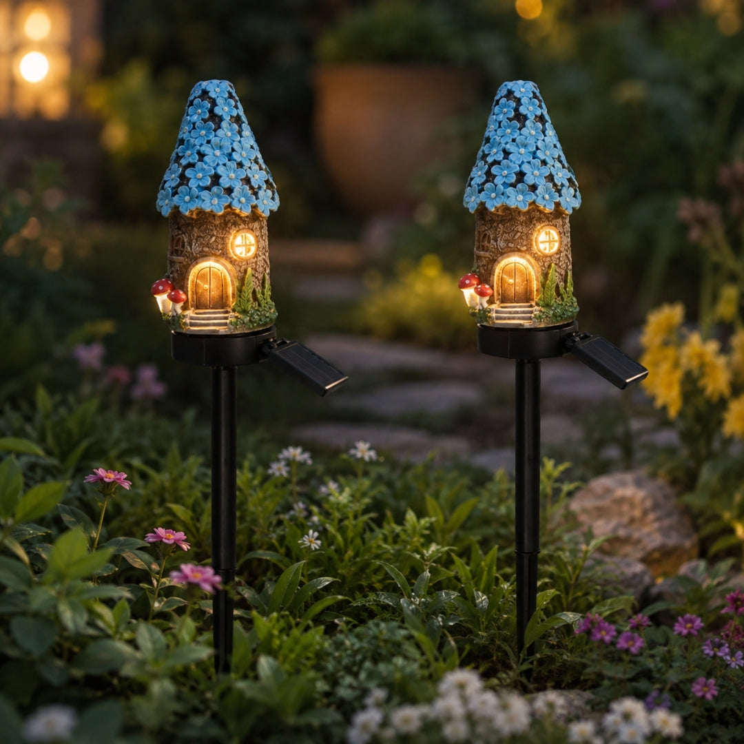 Fairy Mushroom & Flower House Solar Garden Lights for Outdoor Decor (Pack of 2)