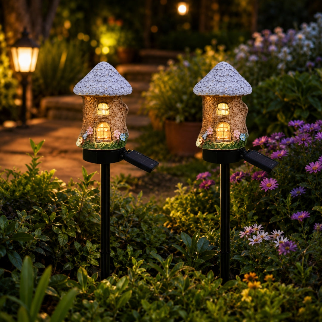 Fairy Mushroom & Flower House Solar Garden Lights for Outdoor Decor (Pack of 2)