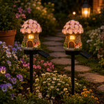 Fairy Mushroom & Flower House Solar Garden Lights for Outdoor Decor (Pack of 2)