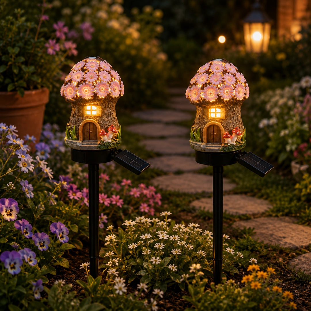 Fairy Mushroom & Flower House Solar Garden Lights for Outdoor Decor (Pack of 2)