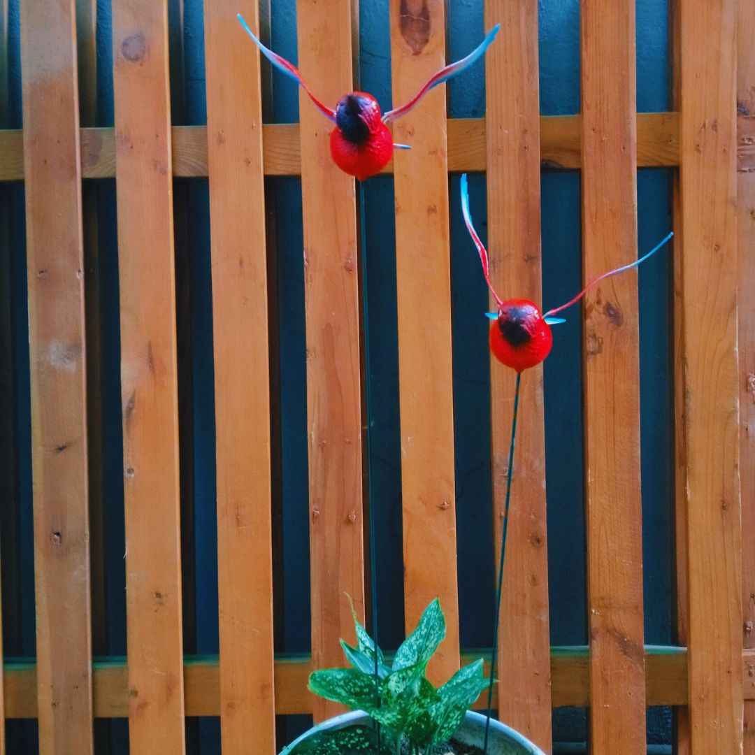 Red Hummingbird Garden Stake Decor | Bird Plant Pot Stakes (Set of 2)
