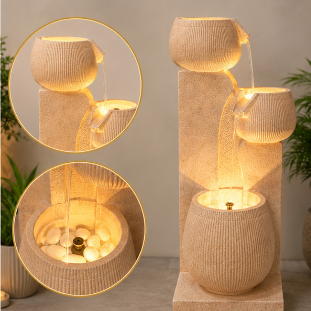 3-tier cascading bowl LED water fountain in off-white sandstone finish for home and garden decor - alternate view 2