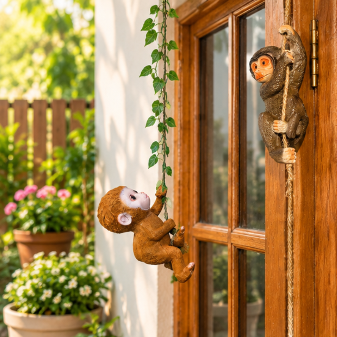Monkey Climbing Wall & Door Combo - Resin Hanging Monkey Figurines (Set of 2)
