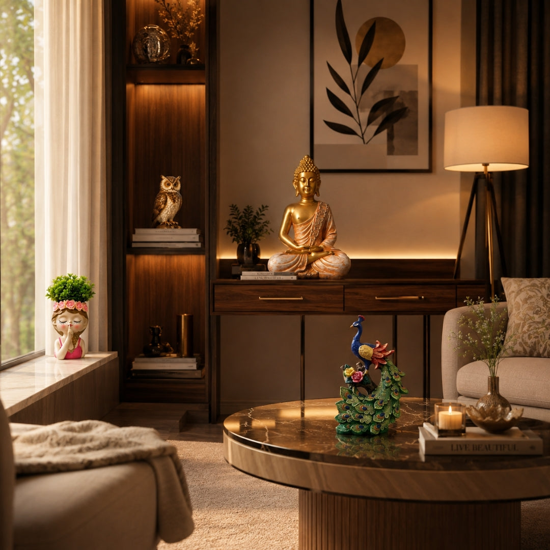 A beautifully styled modern living room featuring a golden Buddha statue as the central decorative element on a dark wood console table. The room is warmly lit by a floor lamp and window light, with a marble-top coffee table in the foreground and a beige sofa on the right.