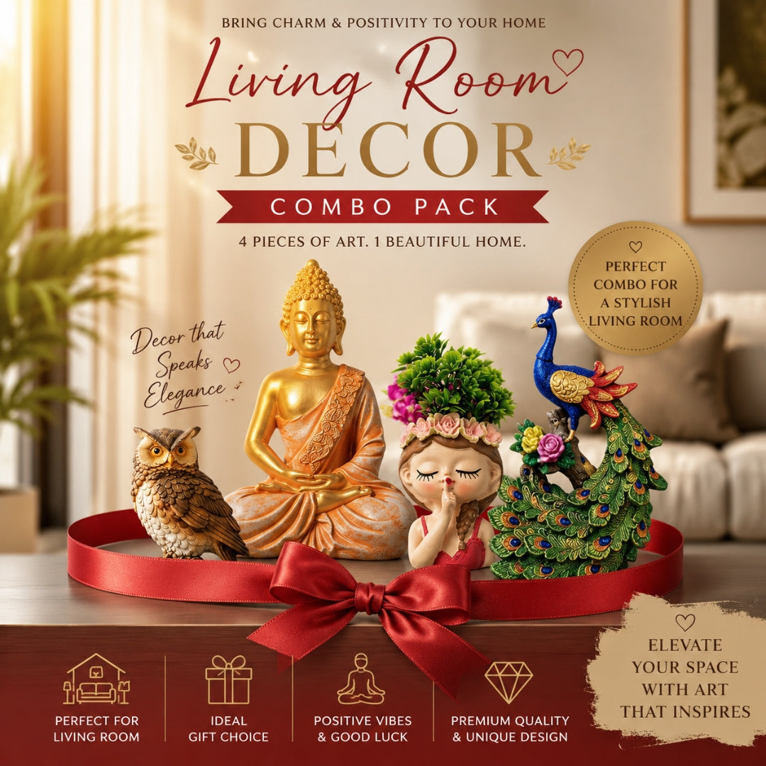Decor combo pack for living room featuring a golden Buddha statue, a peacock figurine, a flower-adorned child figure, and an owl on a red circular tray with a large red ribbon bow. The image includes promotional text and lifestyle room background.